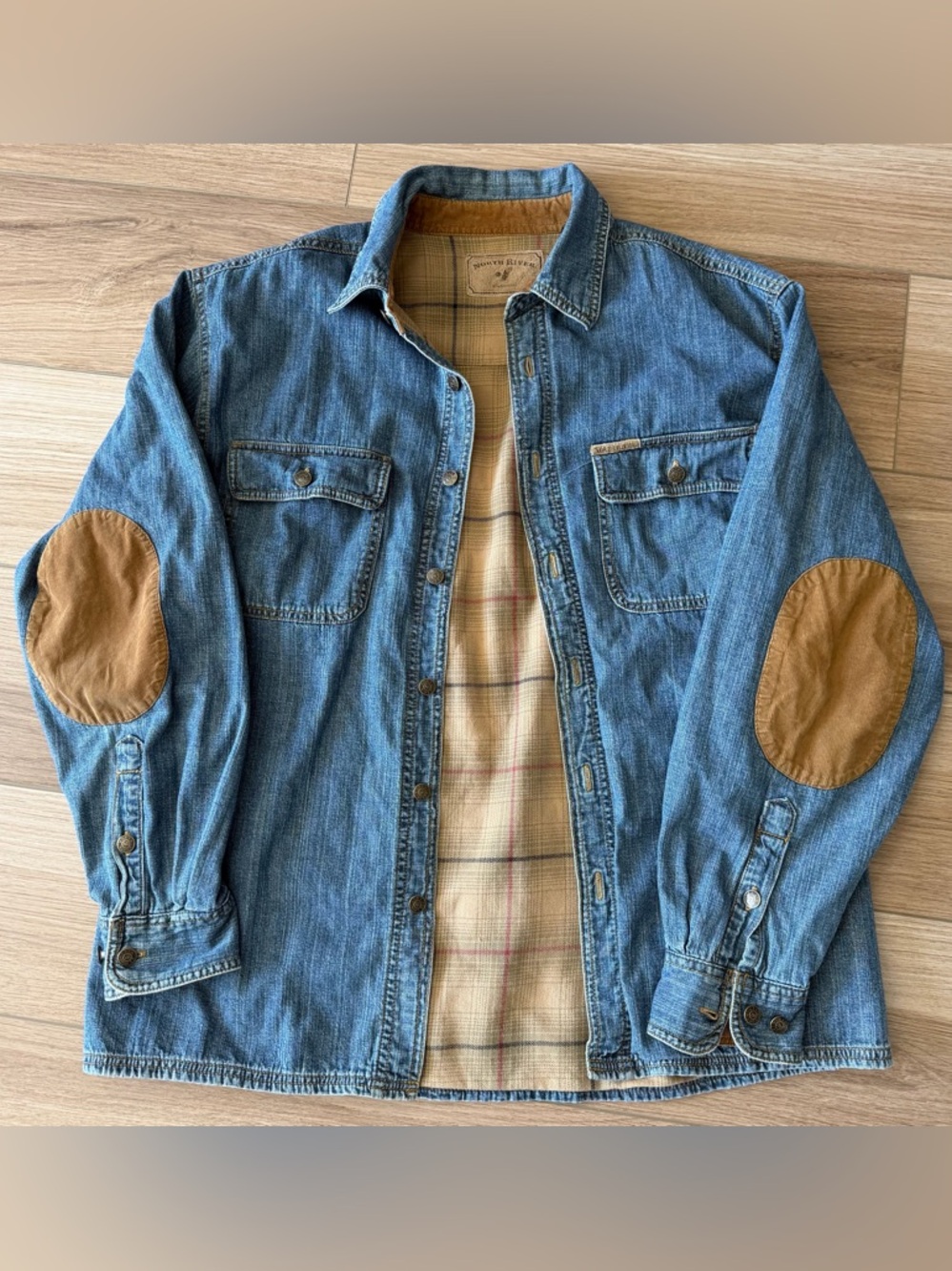 North River Outfitters Plaid Lined Jean Jacket with Elbow Patches